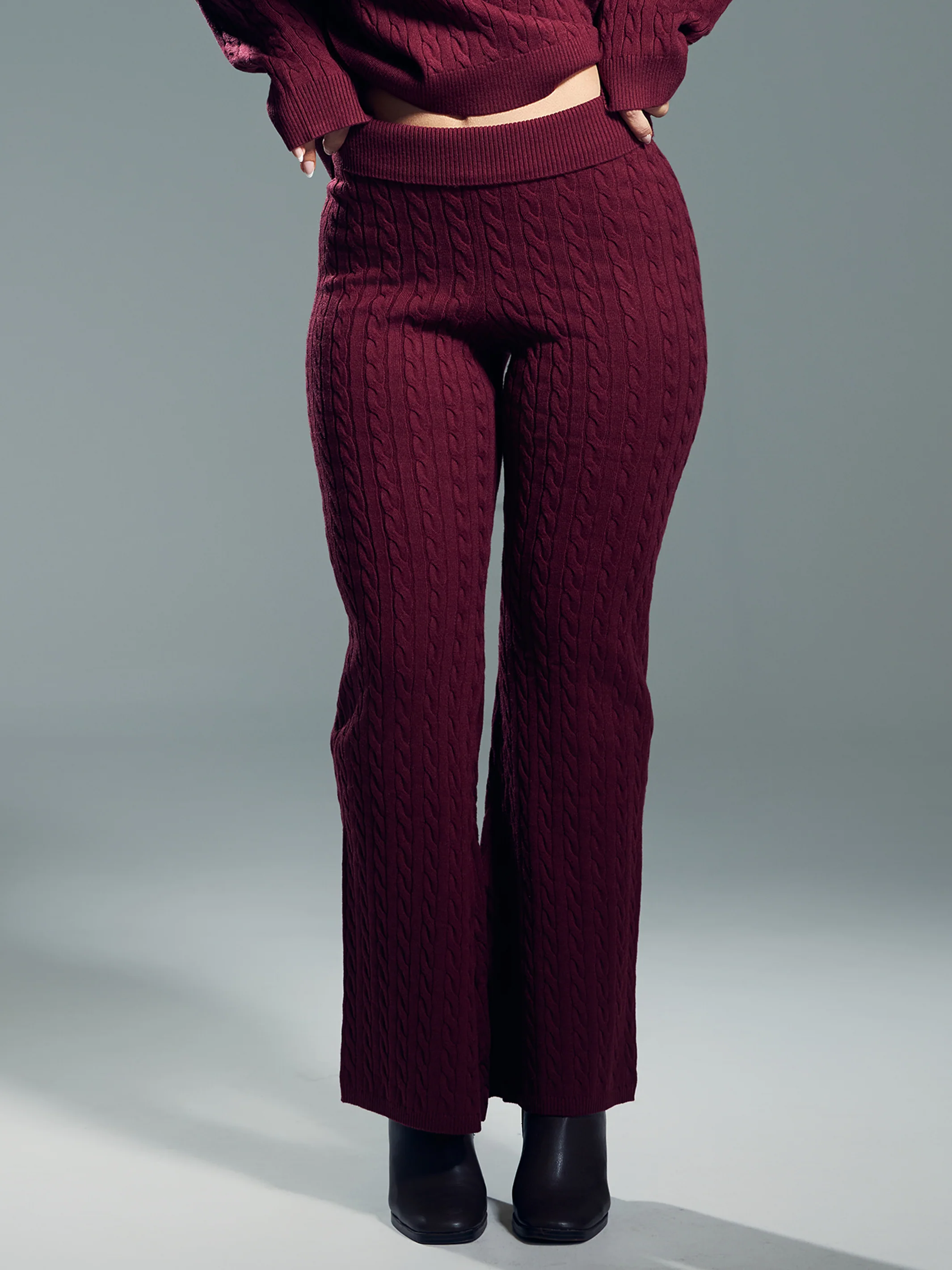 Cable Knit Fold Over Flare Pants - Image 5